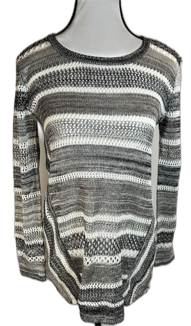 Style & Co Crew neck Pullover Black and Gray Striped Sweater Petite Size PP XSP